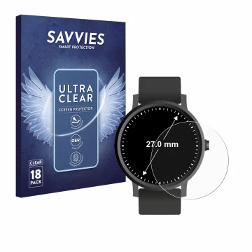 Front side of a product packaging with the brand logo Savvies. Next to it is the device Watches (Circular, ø: 27 mm) shown wit