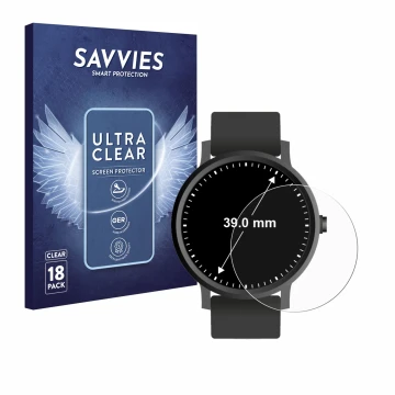 Front side of a product packaging with the brand logo Savvies. Next to it is the device Watches (Circular, ø: 39 mm) shown wit