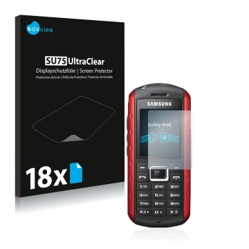 Front side of a product packaging with the brand logo Savvies. Next to it is the device Samsung B2100 shown with the correspon