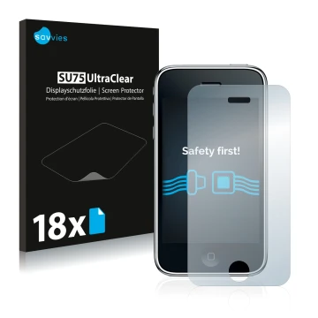 Front side of a product packaging with the brand logo Savvies. Next to it is the device Apple iPhone 3GS shown with the corres