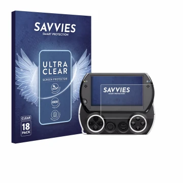 Front side of a product packaging with the brand logo Savvies. Next to it is the device Sony PSP Go shown with the correspondi
