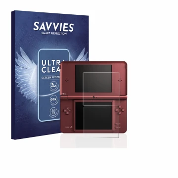 Front side of a product packaging with the brand logo Savvies. Next to it is the device Nintendo DSi XL shown with the corresp