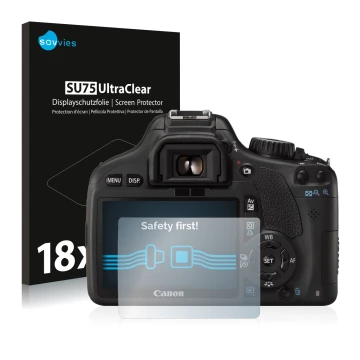 Front side of a product packaging with the brand logo Savvies. Next to it is the device Canon EOS 550D shown with the correspo