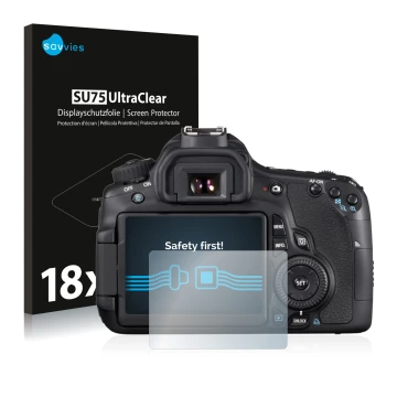 Front side of a product packaging with the brand logo Savvies. Next to it is the device Canon EOS 60D shown with the correspon