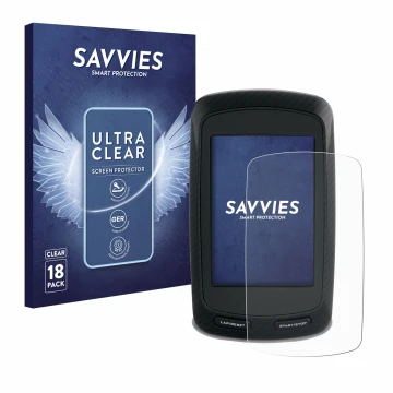 Front side of a product packaging with the brand logo Savvies. Next to it is the device Garmin Edge 800 shown with the corresp