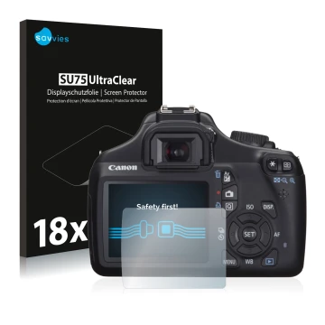 Front side of a product packaging with the brand logo Savvies. Next to it is the device Canon EOS 1100D shown with the corresp