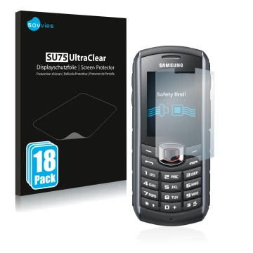 Front side of a product packaging with the brand logo Savvies. Next to it is the device Samsung GT-B2710 shown with the corres