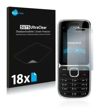 Front side of a product packaging with the brand logo Savvies. Next to it is the device Nokia C2-01 shown with the correspondi