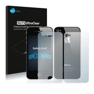 Front side of a product packaging with the brand logo Savvies. Next to it is the device Apple iPhone 4S (Front+Back) shown wit