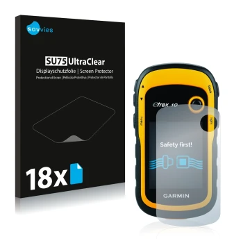 Front side of a product packaging with the brand logo Savvies. Next to it is the device Garmin eTrex 10 shown with the corresp