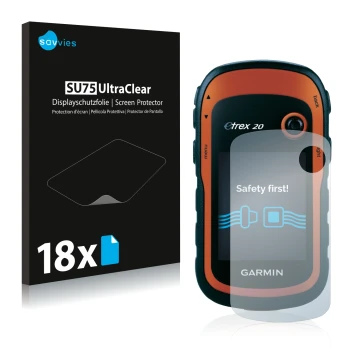 Front side of a product packaging with the brand logo Savvies. Next to it is the device Garmin eTrex 20 shown with the corresp