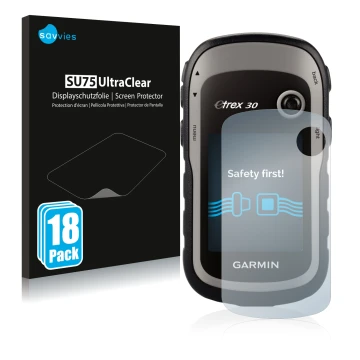 Front side of a product packaging with the brand logo Savvies. Next to it is the device Garmin eTrex 30 shown with the corresp