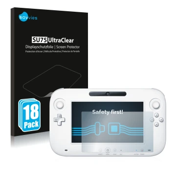 Front side of a product packaging with the brand logo Savvies. Next to it is the device Nintendo Wii U GamePad (Controller) sh