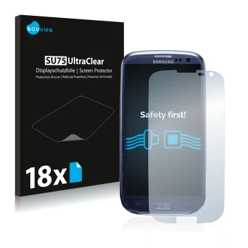 Front side of a product packaging with the brand logo Savvies. Next to it is the device Samsung Galaxy S3 I9300 shown with the