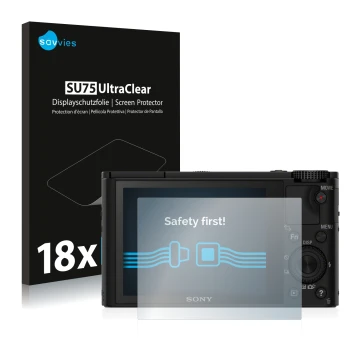 Front side of a product packaging with the brand logo Savvies. Next to it is the device Sony Cyber-Shot DSC-RX100 shown with t