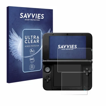 Front side of a product packaging with the brand logo Savvies. Next to it is the device Nintendo 3DS XL SPM7800 shown with the