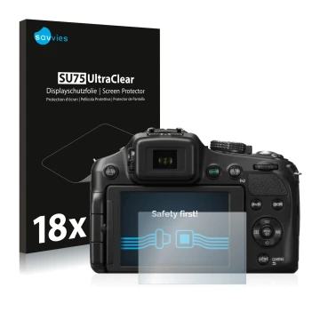 Front side of a product packaging with the brand logo Savvies. Next to it is the device Panasonic Lumix DMC-FZ200 shown with t