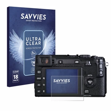 Front side of a product packaging with the brand logo Savvies. Next to it is the device Fujifilm X-E1 shown with the correspon