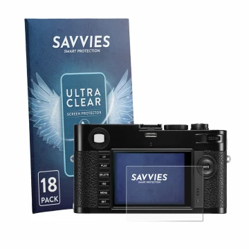 Front side of a product packaging with the brand logo Savvies. Next to it is the device Leica M (Typ 240) shown with the corre