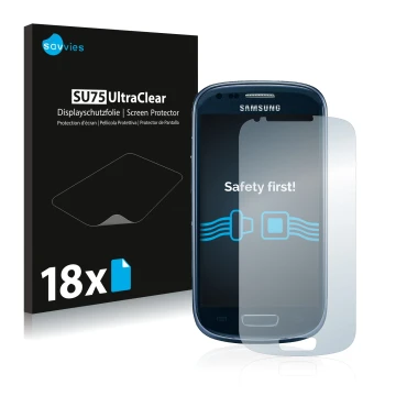 Front side of a product packaging with the brand logo Savvies. Next to it is the device Samsung Galaxy S3 Mini I8190 shown wit