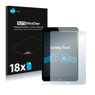 Front side of a product packaging with the brand logo Savvies. Next to it is the device Apple iPad Mini 1 2012 shown with the 