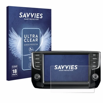 Front side of a product packaging with the brand logo Savvies. Next to it is the device Volkswagen Passat 2015 Discover Pro 8
