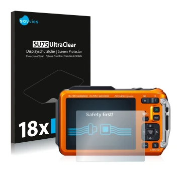 Front side of a product packaging with the brand logo Savvies. Next to it is the device Panasonic Lumix DMC-FT5 shown with the