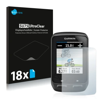 Front side of a product packaging with the brand logo Savvies. Next to it is the device Garmin Edge 510 shown with the corresp