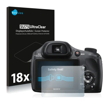 Front side of a product packaging with the brand logo Savvies. Next to it is the device Sony Cyber-Shot DSC-HX300 shown with t
