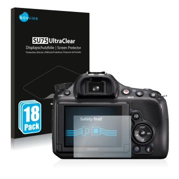 Front side of a product packaging with the brand logo Savvies. Next to it is the device Sony Alpha 58 (SLT-A58) shown with the