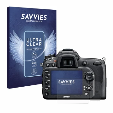 Front side of a product packaging with the brand logo Savvies. Next to it is the device Nikon D7100 shown with the correspondi