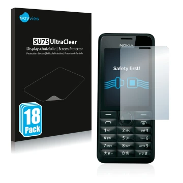 Front side of a product packaging with the brand logo Savvies. Next to it is the device Nokia 301 shown with the corresponding