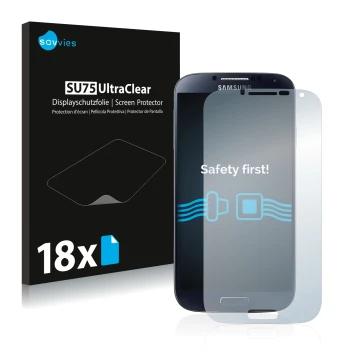 Front side of a product packaging with the brand logo Savvies. Next to it is the device Samsung Galaxy S4 shown with the corre