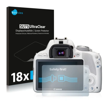 Front side of a product packaging with the brand logo Savvies. Next to it is the device Canon EOS 100D shown with the correspo