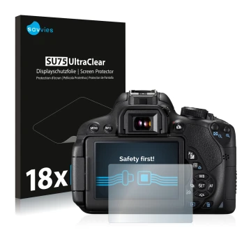 Front side of a product packaging with the brand logo Savvies. Next to it is the device Canon EOS 700D shown with the correspo