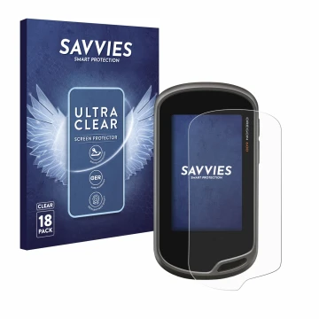 Front side of a product packaging with the brand logo Savvies. Next to it is the device Garmin Oregon 600 shown with the corre