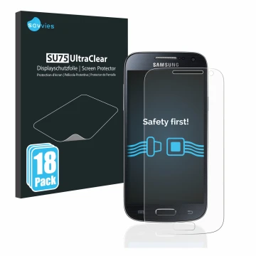 Front side of a product packaging with the brand logo Savvies. Next to it is the device Samsung Galaxy S4 Mini shown with the 
