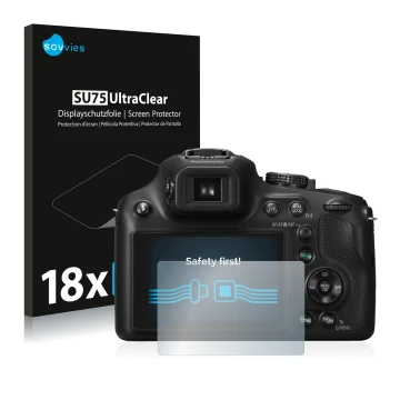 Front side of a product packaging with the brand logo Savvies. Next to it is the device Panasonic Lumix DMC-FZ72 shown with th