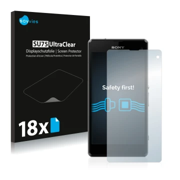 Front side of a product packaging with the brand logo Savvies. Next to it is the device Sony Xperia Z1 Compact D5503 shown wit