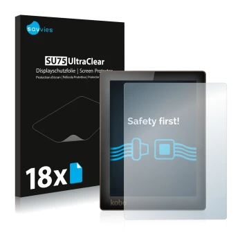 Front side of a product packaging with the brand logo Savvies. Next to it is the device Kobo Aura shown with the corresponding