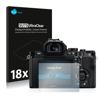 Front side of a product packaging with the brand logo Savvies. Next to it is the device Sony Alpha 7 (ILCE-7) shown with the c