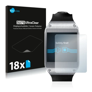 Front side of a product packaging with the brand logo Savvies. Next to it is the device Samsung Galaxy Gear V700 shown with th