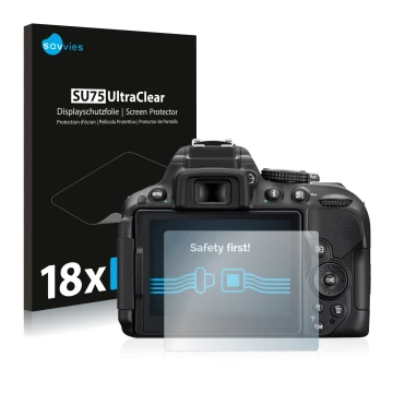 Front side of a product packaging with the brand logo Savvies. Next to it is the device Nikon D5300 shown with the correspondi