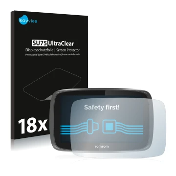 Front side of a product packaging with the brand logo Savvies. Next to it is the device TomTom GO 5000 shown with the correspo