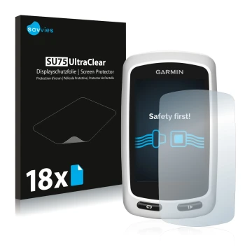 Front side of a product packaging with the brand logo Savvies. Next to it is the device Garmin Edge Touring Plus shown with th