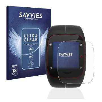 Front side of a product packaging with the brand logo Savvies. Next to it is the device Polar M400 shown with the correspondin