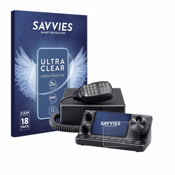 Front side of a product packaging with the brand logo Savvies. Next to it is the device Icom IC-7100 shown with the correspond