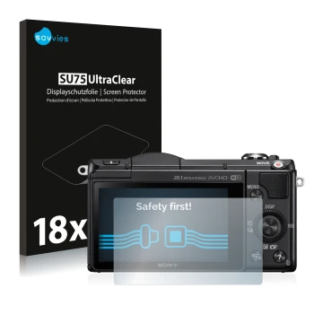 Front side of a product packaging with the brand logo Savvies. Next to it is the device Sony Alpha 5000 (DSLR-A5000) shown wit