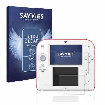 Front side of a product packaging with the brand logo Savvies. Next to it is the device Nintendo 2DS shown with the correspond
