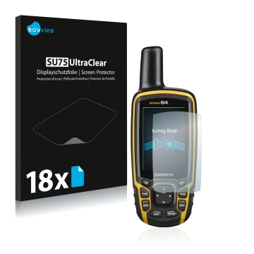 Front side of a product packaging with the brand logo Savvies. Next to it is the device Garmin GPSMAP 64 shown with the corres